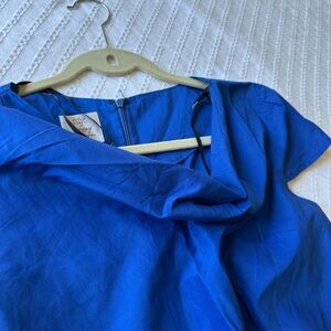 Blue Sheath Midi Dress with Cowl Neck Short Sleeves